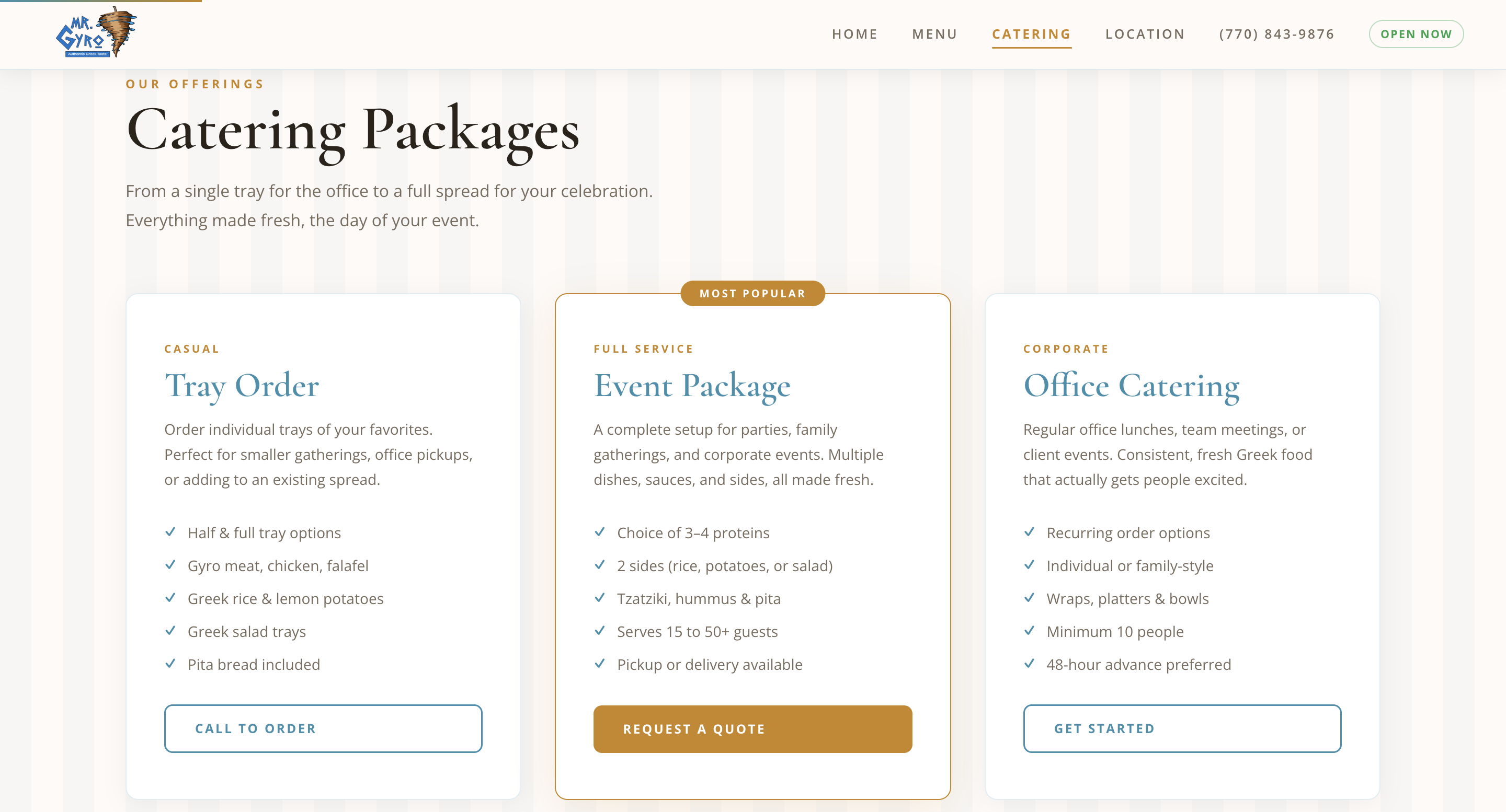 Mr. Gyro new catering page showing tray orders, event packages, and corporate catering options